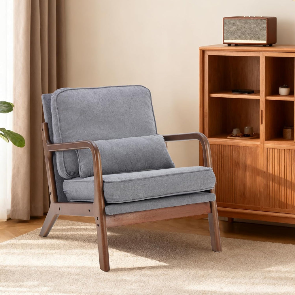 Mid Century Accent Chair, Modern Living Room Chairs with Arms and Waist Cushion, Reading Chairs for Adults, Lounge Chair for Bedroom, Solid Wooden Frame, Classic Green