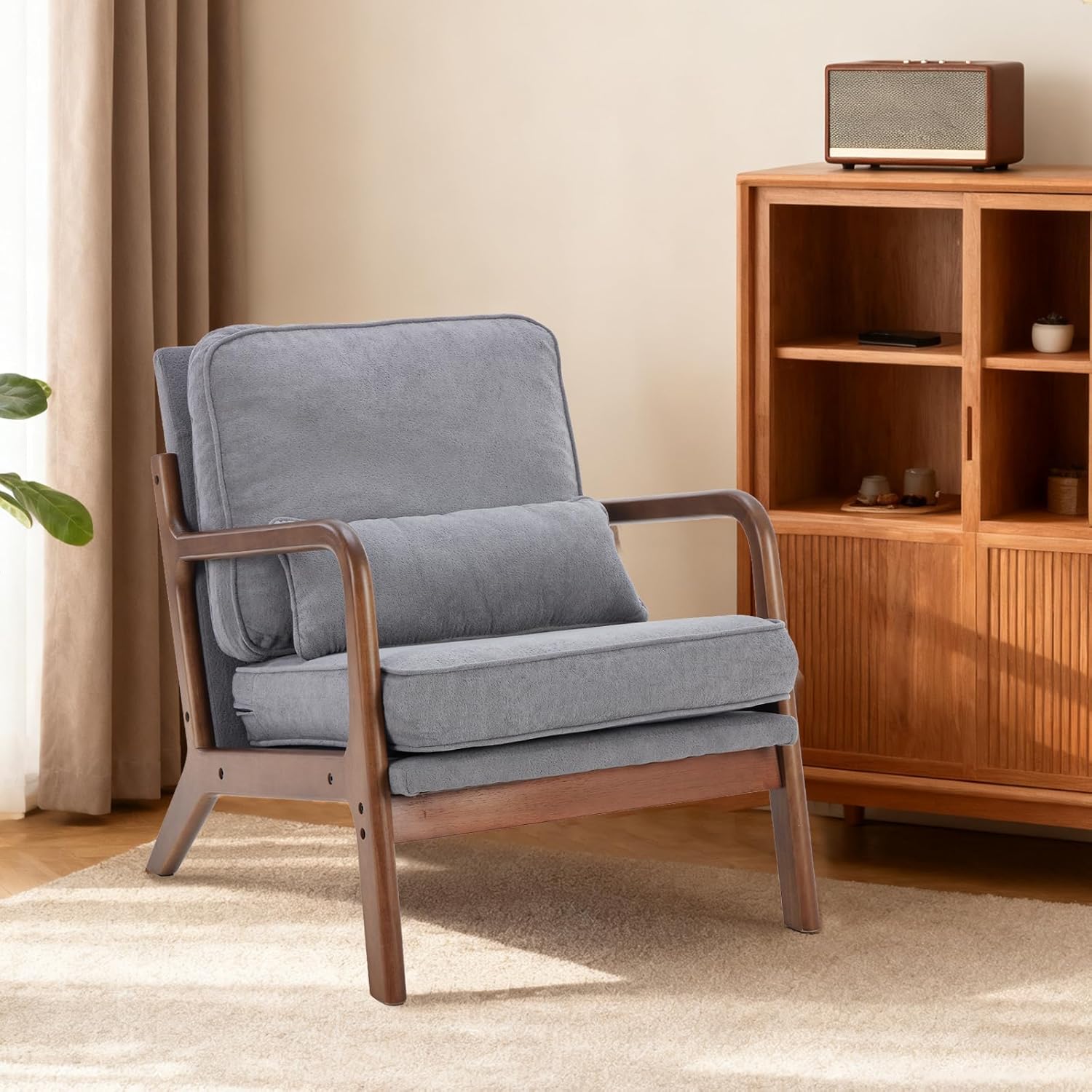 Mid Century Accent Chair, Modern Living Room Chairs with Arms and Waist Cushion, Reading Chairs for Adults, Lounge Chair for Bedroom, Solid Wooden Frame, Classic Green