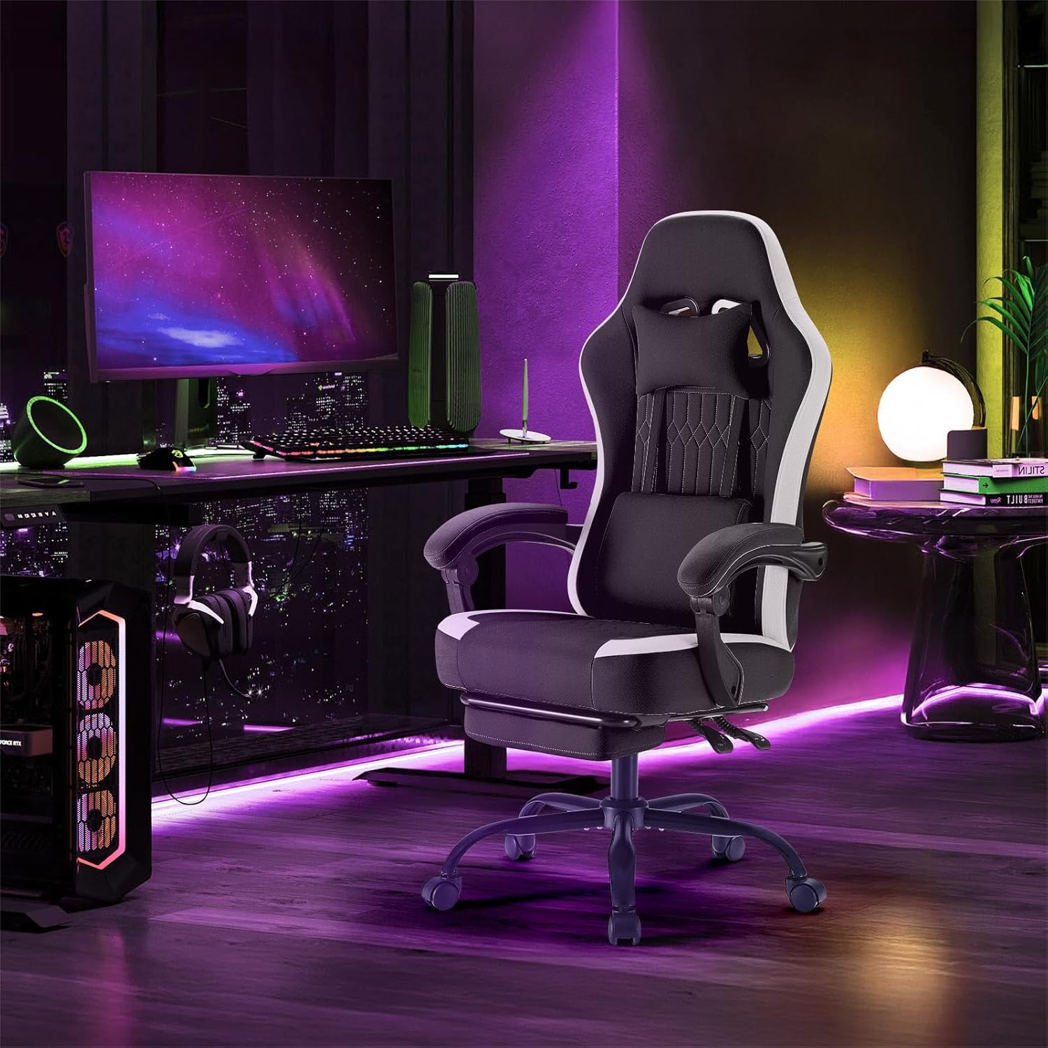 Computer Gaming Chair - Ergonomic Desk Chair with Footrest and Lumbar Support, High Back Height Adjustable Task Chair with Linkage Armrests and Headrest, 360?? Swivel Wheels, Black