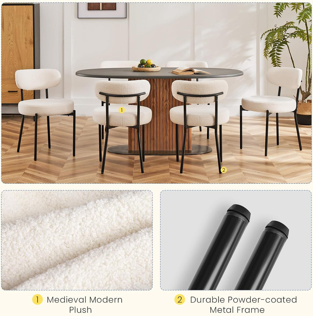 Dining Chairs Set of 2, Mid Century Modern Chair Round Upholstered Curved Backrest, Kitchen Vanity Living Room Chairs with Black Metal Legs??Ivory White