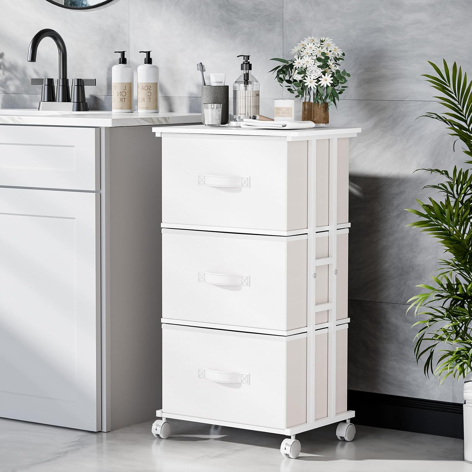 3 Drawer Fabric Dresser with Wheels, Storage Cabinet Organizer with Removable Drawers, Rolling Chest with Steel Frame for Bedroom, Closet, Living Room, Entryway, White