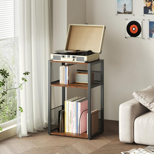 3 Tier Side Table, 2 Pack Record Player Stand with Storage Up to 100 Albums,Turntable Stand for Vinyl, Brown Records Shelf for Living Room Bedroom