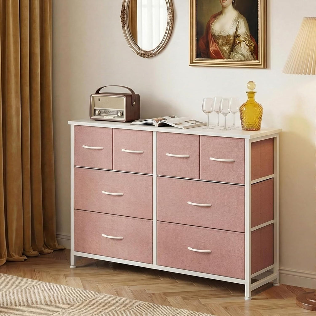 TV Stand, Dresser with 8 Fabric Drawers, Spacious Storage Tower for Closet, TV Stand with Wood Top and Mental Frame, Storage Unit for Living Rooms, Bedroom and Entryway, Pink