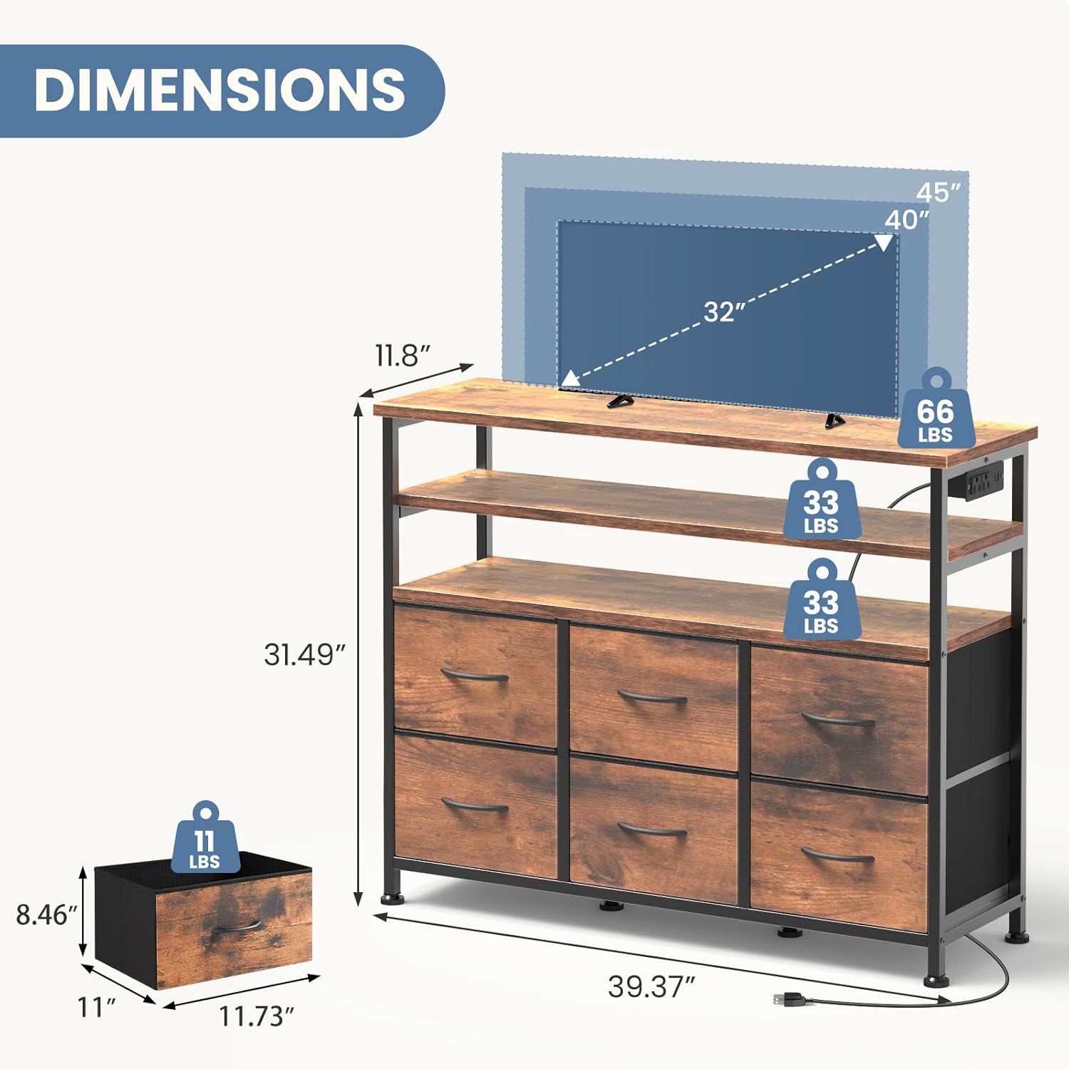 TV Stand for Up to 45 inch TV, Wood Top TV Media Console Table with 6 Fabric Drawers, 2 Shelves, Entertainment Center with LED Lights & Charging Station for Living Room, Hallway, Brown