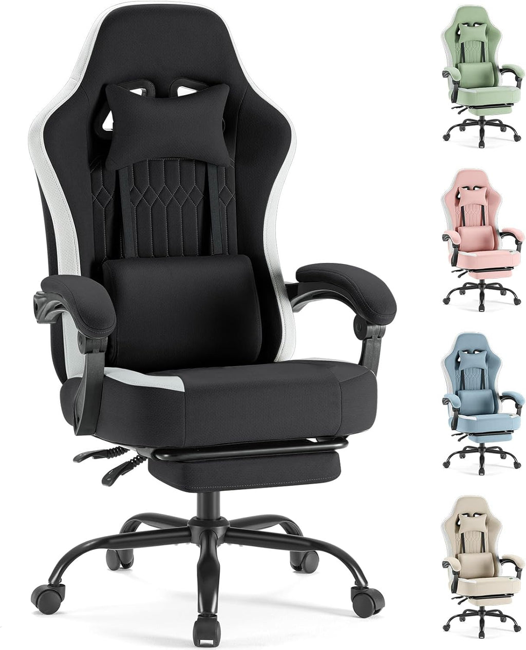 Computer Gaming Chair - Ergonomic Desk Chair with Footrest and Lumbar Support, High Back Height Adjustable Task Chair with Linkage Armrests and Headrest, 360?? Swivel Wheels, Black