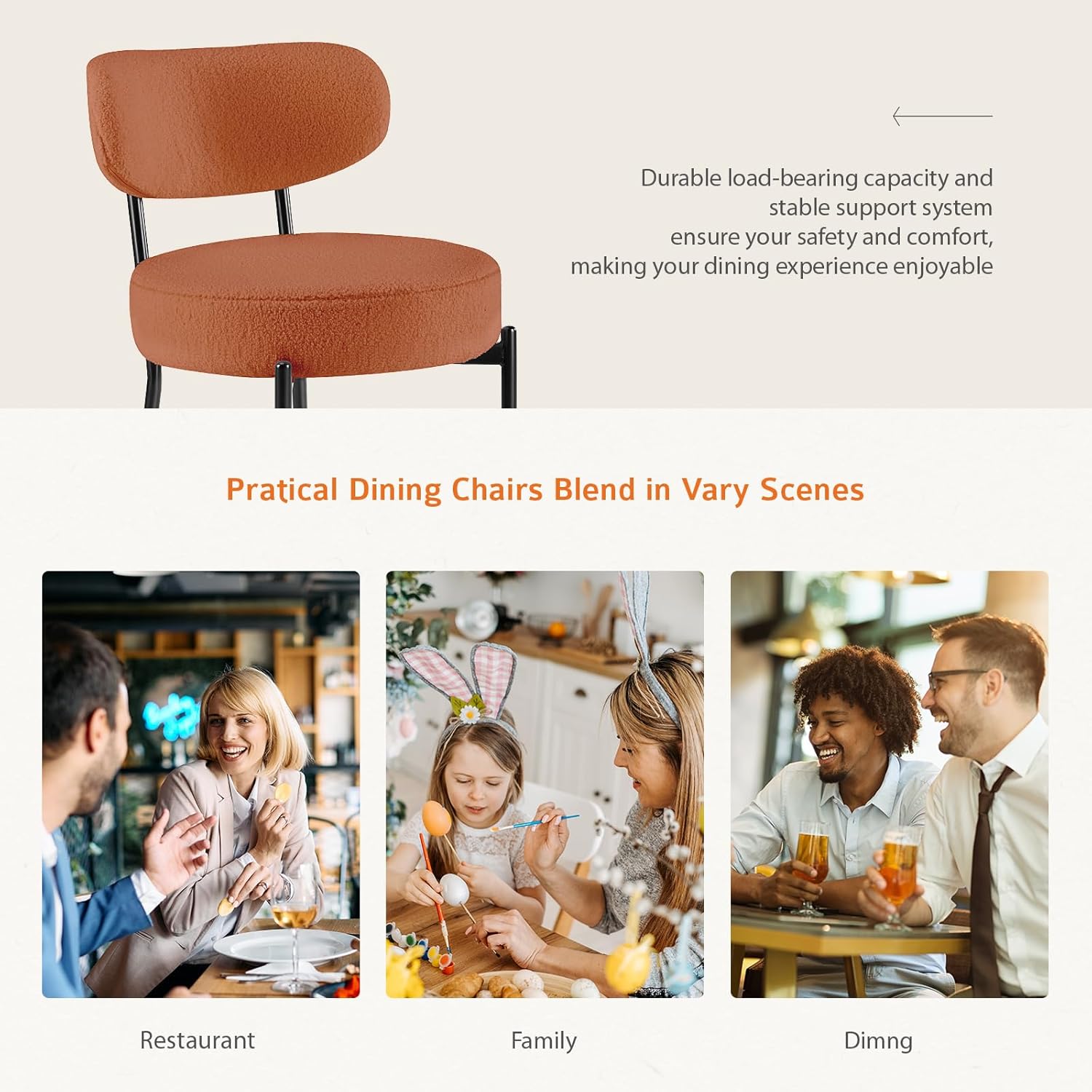 Dining Chairs Set of 6, Mid Century Modern Chair Round Upholstered Curved Backrest, Kitchen Vanity Living Room Chairs with Black Metal Legs, Orange
