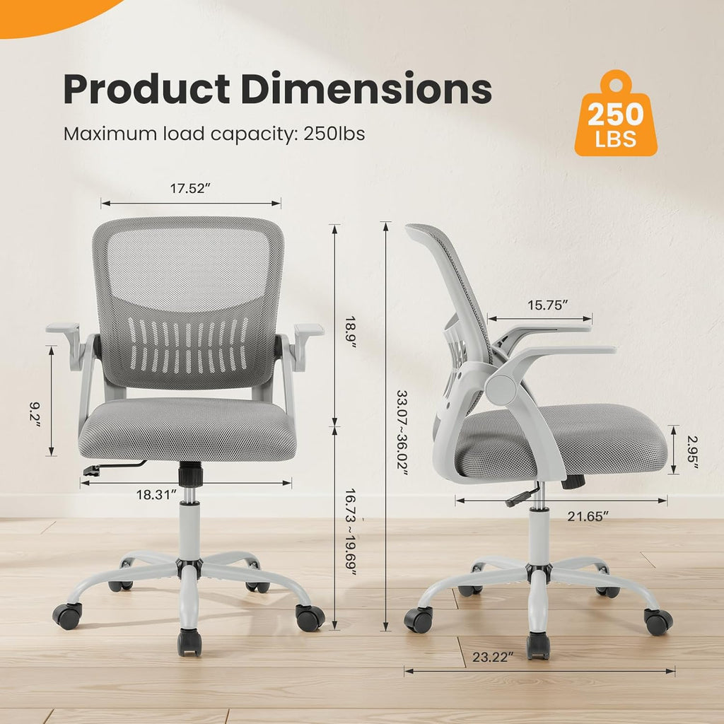 Home Office Managerial Executive Chair, Flip Up Armrest Ergonomic Mesh Adjustable Swivel Mid-Back Computer Desk Chair with Comfortable Lumbar Support, Comfy Arms for Bedroom,Study