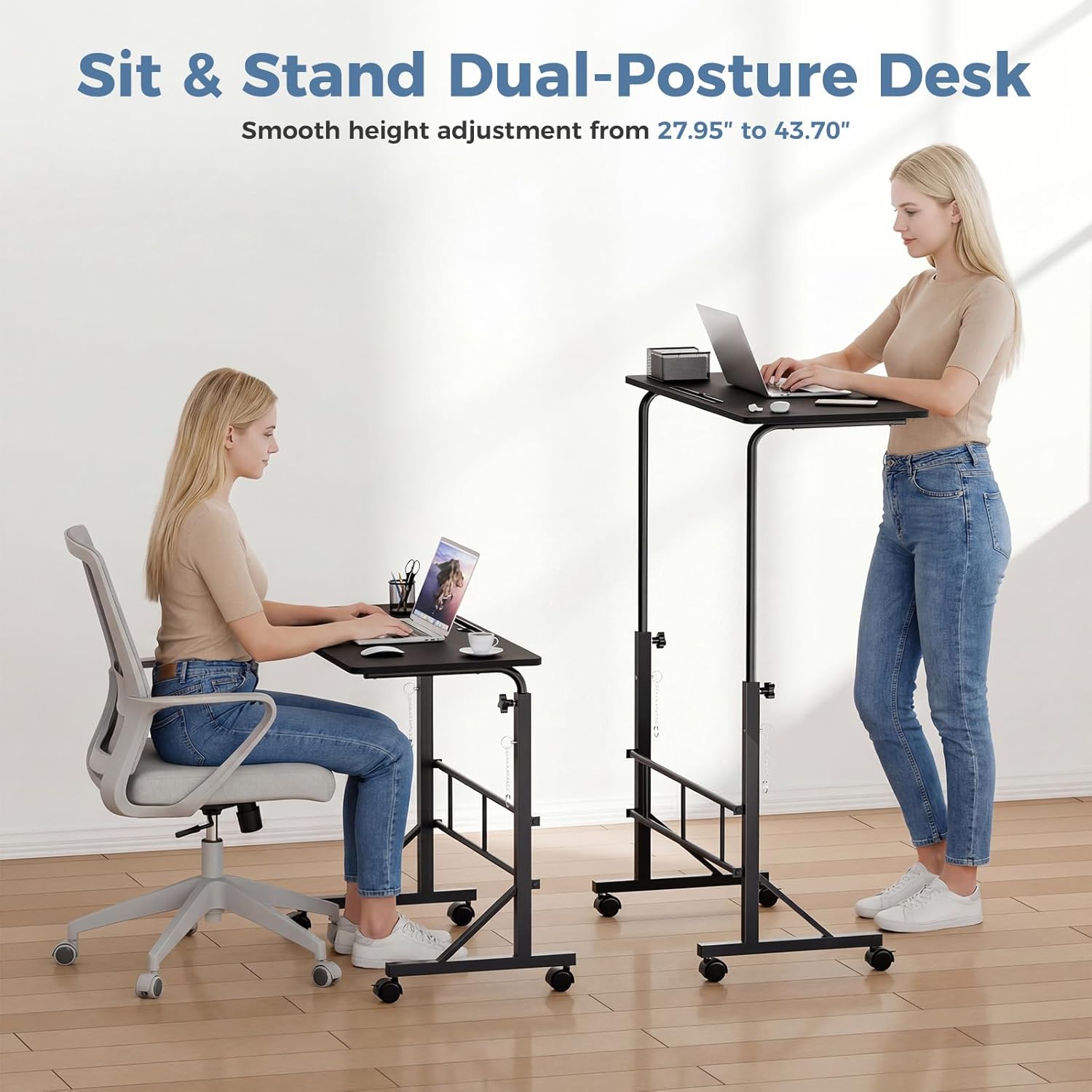31.5 Adjustable Height Mobile Desk with Locking Wheels & Pin-Lock, Portable Workstation for Walking Pad & Active Home Office, Black