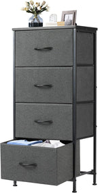Nightstand with 4 Drawers Bedside Table with Removable Fabric Bins Sturdy Steel Frame Wood Top Organizer Furniture for Bedroom Closet Living Room