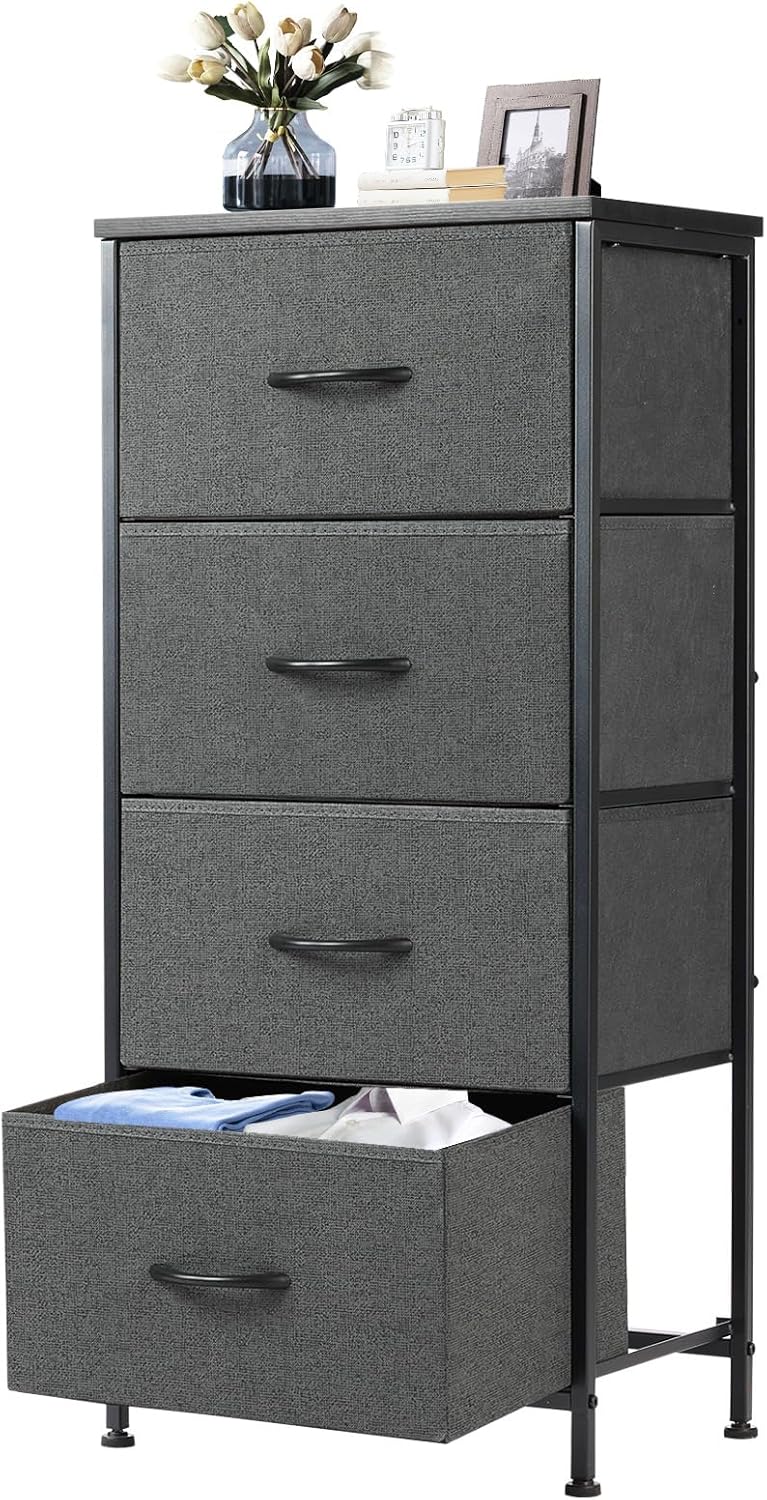Nightstand with 4 Drawers Bedside Table with Removable Fabric Bins Sturdy Steel Frame Wood Top Organizer Furniture for Bedroom Closet Living Room,Oak Greige