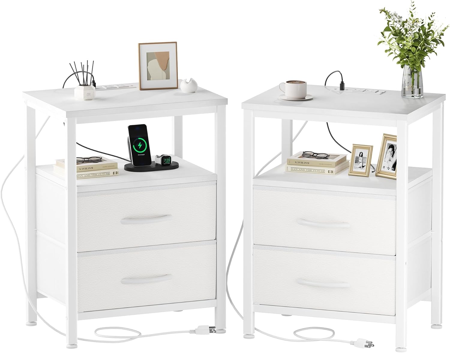 Nightstand Set of 2 with Wireless Charging Station Bed Side Tables with Adjustable Fabric Drawers 3-Tier Storage End Tables Modern Design,Black