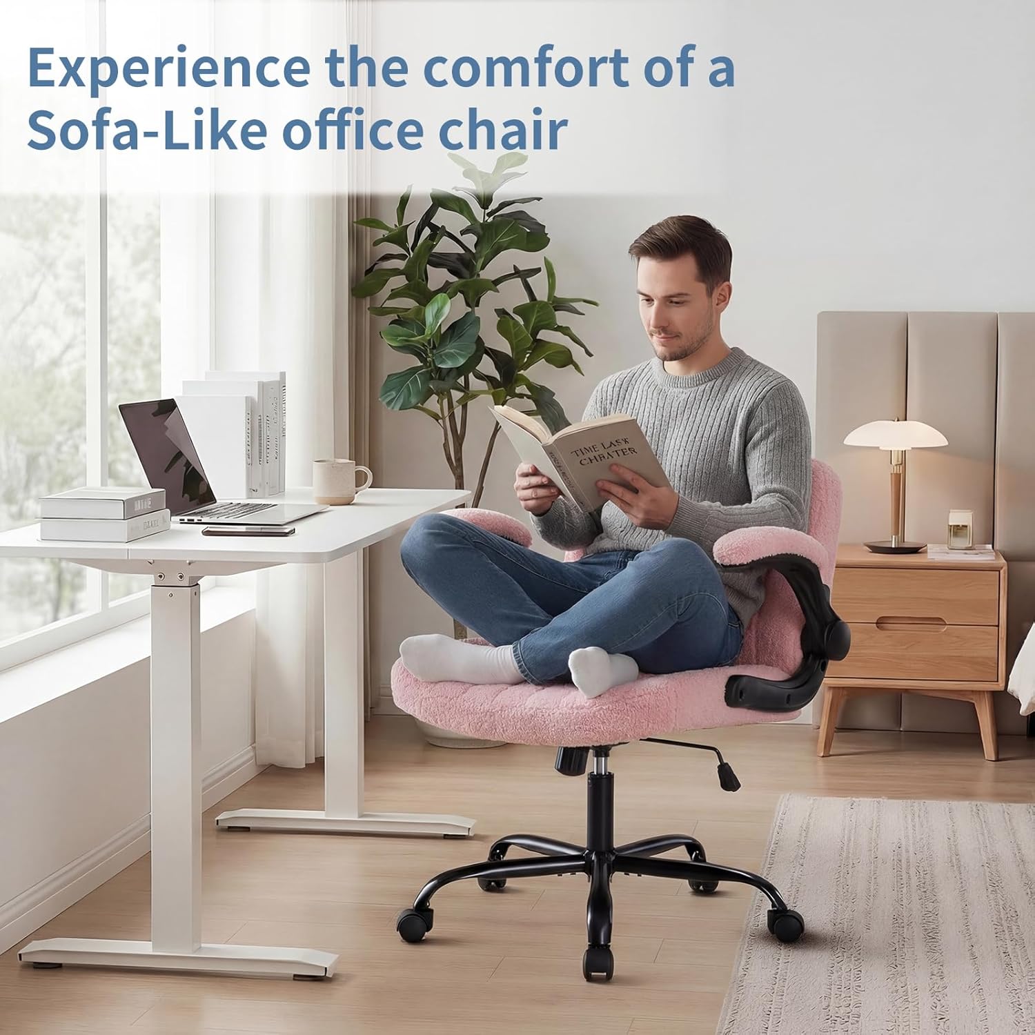 Criss Cross Office Chair with Wheels, Wide Cross Legged Desk Vanity Chair Comfy Fabric Flip-Arms Adjustable Swivel Chairs for Home Computer Bedroom, Teddy Pink