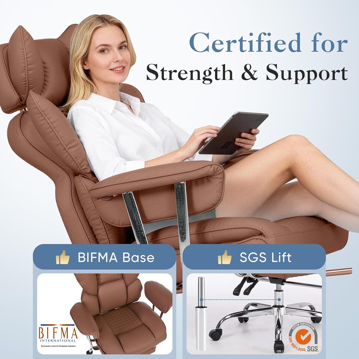 Big and Tall Office Chair 350 LBS, Scratch-Resistant PU Leather Executive Office Desk Chair with Footrest, Ergonomic Reclining Computer Chair with Pocket Spring Support for Home Office, Brown