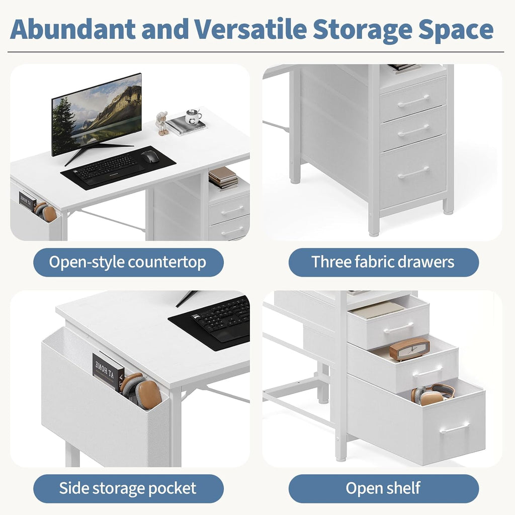 Computer Desk with Storage, Small Home Office Desk with 3 Fabric Drawers & Side Pocket, Space Saving Writing Desk for Apartment, Dorm, Gaming Workstation, 39 White