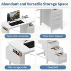 39 Computer Desk with Storage, Small Home Office Desk with 3 Fabric Drawers & Side Pocket, Space Saving Writing Desk for Apartment, Dorm, Gaming Workstation, White