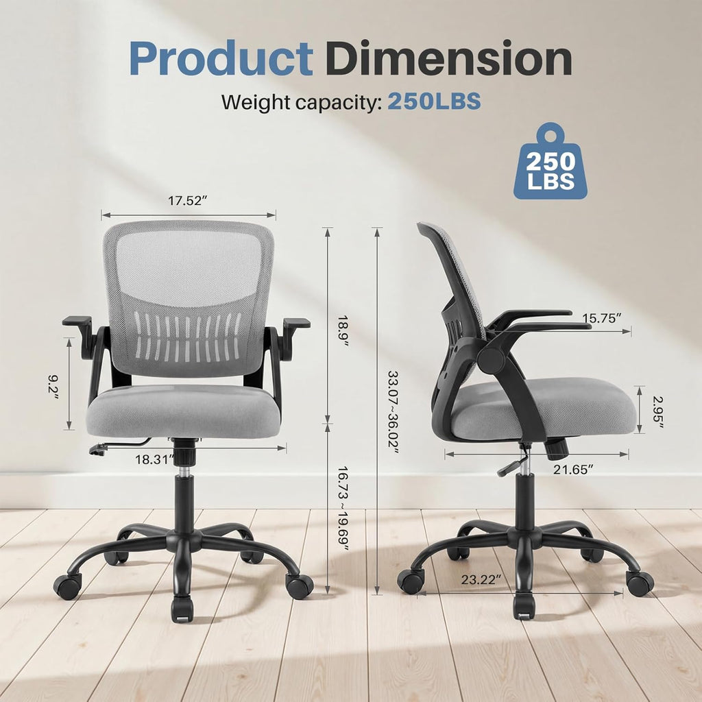 Home Office Desk Chair - Ergonomic Computer Mesh Chair with Lumbar Support & Rocking Mode, Height Adjustable with Flip-up Armrest, for Conference, Meeting Room, 360?? Swivel, Adults, Grey
