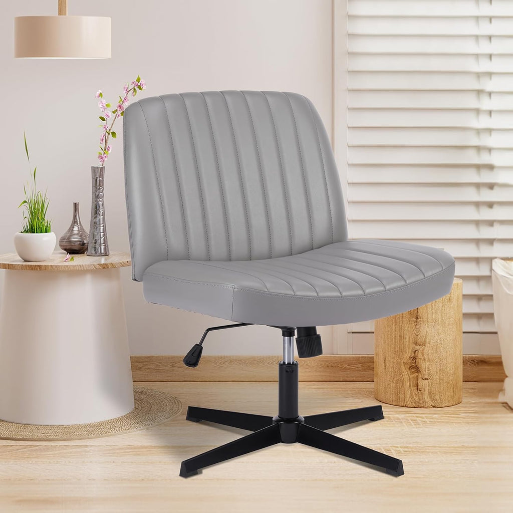 Criss Cross Chair with Wheels Wide Cross Legged Office Desk Vanity Chair Comfy Fabric Armless Adjustable Swivel for Home Computer Task PU Black