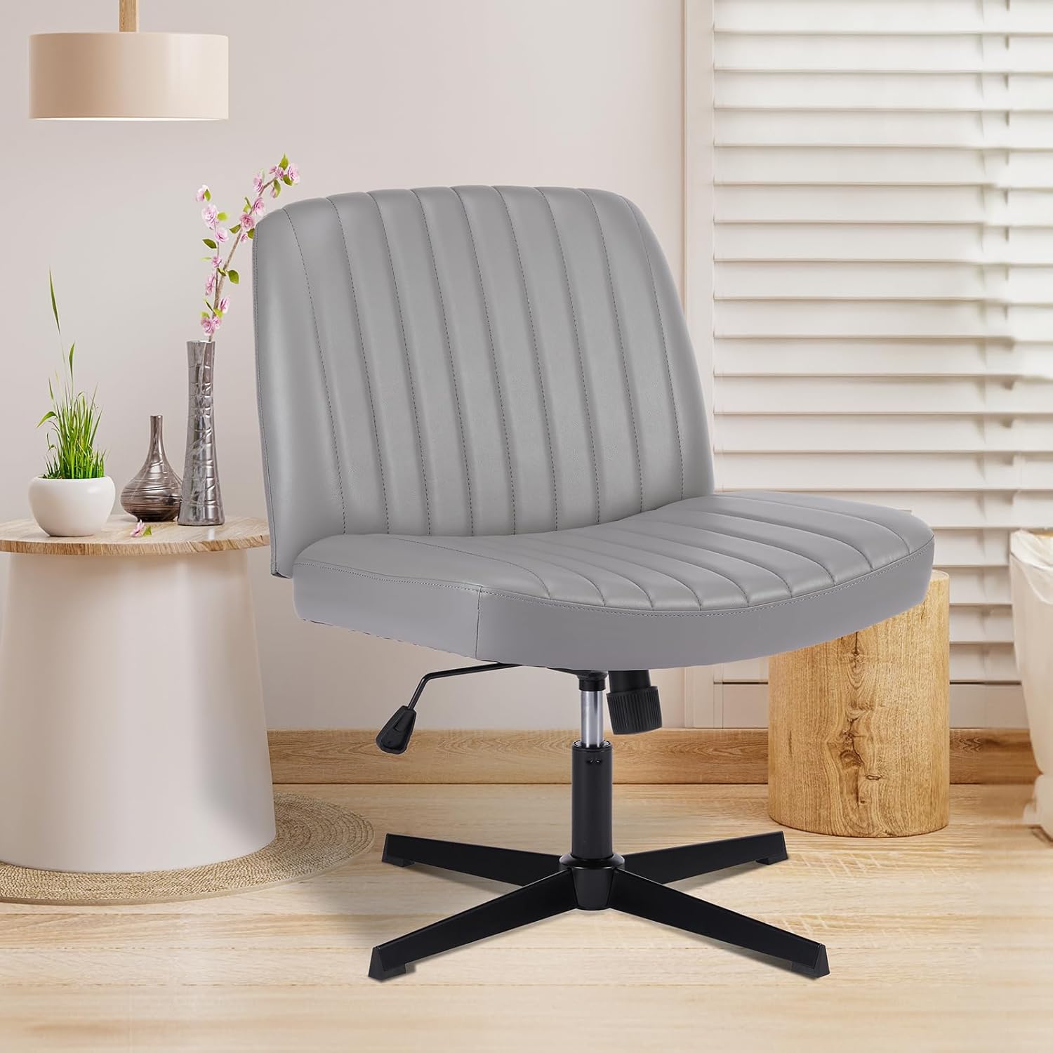 Criss Cross Chair with Wheels Wide Cross Legged Office Desk Vanity Chair Comfy Fabric Armless Adjustable Swivel for Home Computer Task PU Black