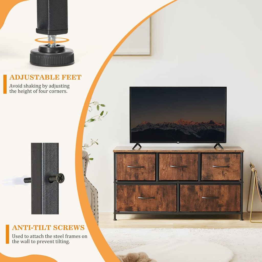 Side Table Tray Sofa with 5 Drawers, Portable Metal Frame Adjustable Feet, Wood Stand for LivingRoom