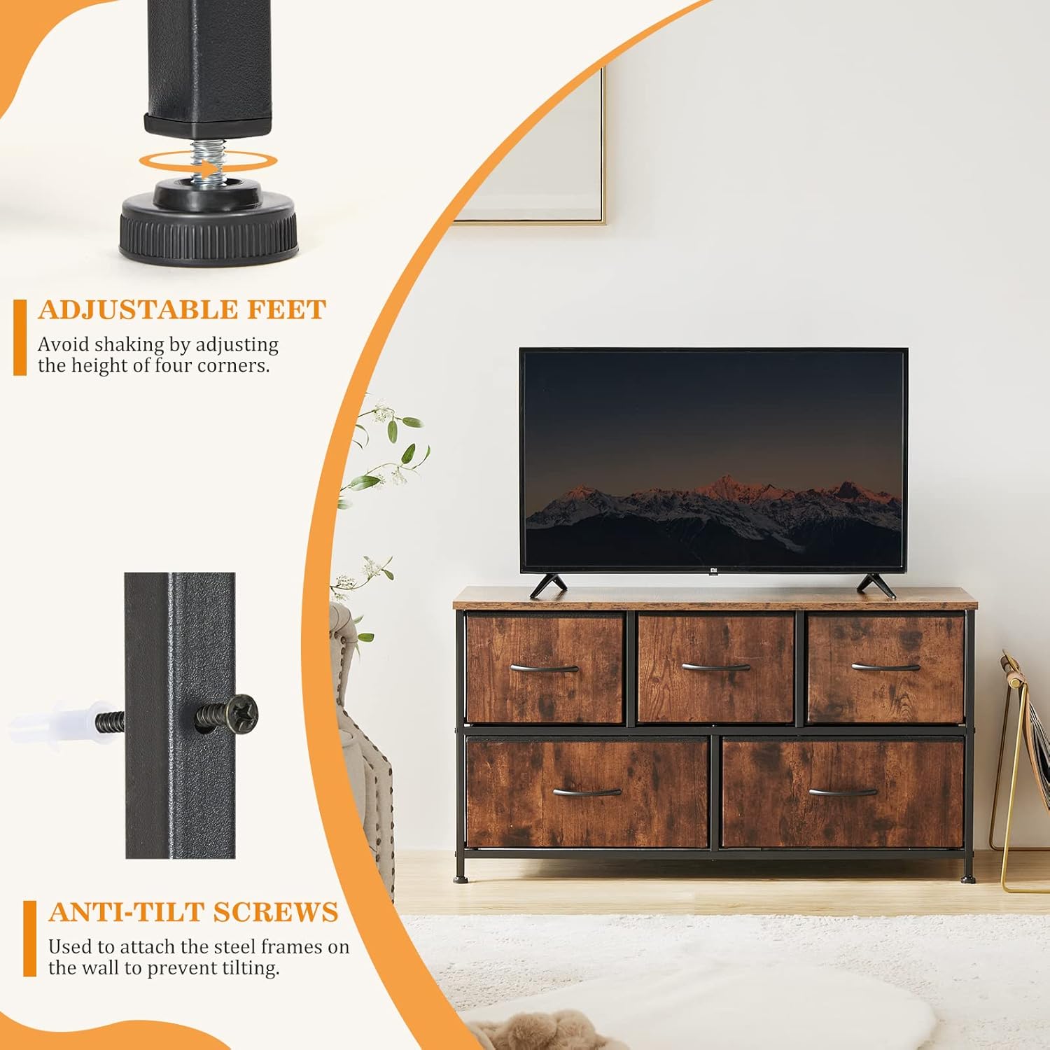 Side Table Tray Sofa with 5 Drawers, Portable Metal Frame Adjustable Feet, Wood Stand for LivingRoom