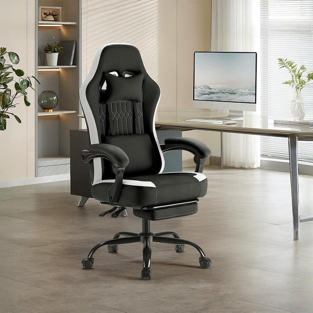 Computer Gaming Chair - Ergonomic Desk Chair with Footrest and Lumbar Support, High Back Height Adjustable Task Chair with Linkage Armrests and Headrest, 360?? Swivel Wheels, Black
