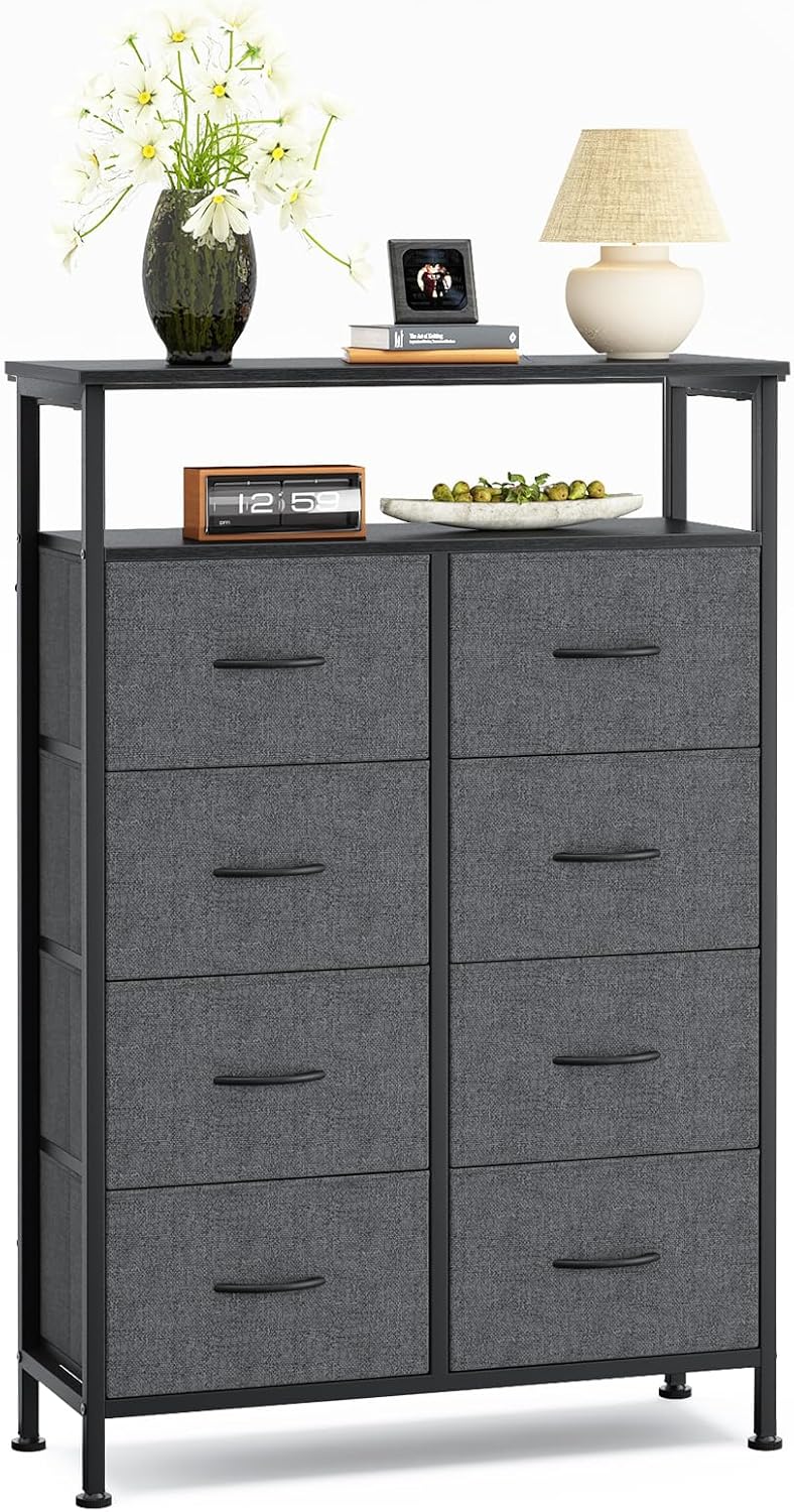 TV Stand, Dresser with 8 Fabric Drawers, Spacious Storage Tower for Closet, TV Stand with Wood Top and Mental Frame, Storage Unit for Living Rooms, Bedroom and Entryway, Pink