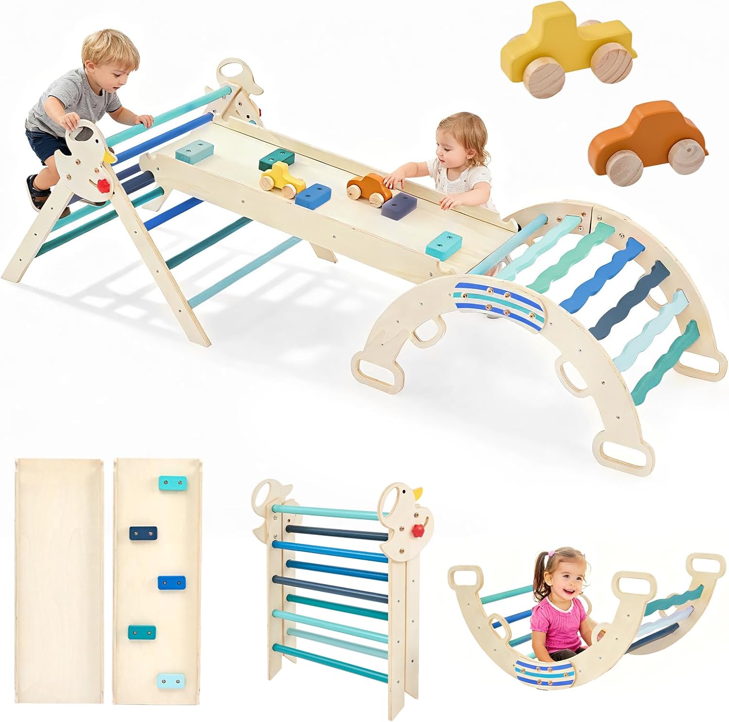 Pikler Triangle Set, Toddler Climbing Toys and Play Structure Indoor, 9-in-1 Wooden Montessori Climbing Set with Arch, Ramp and Ladder, Foldable Baby Jungle Gym