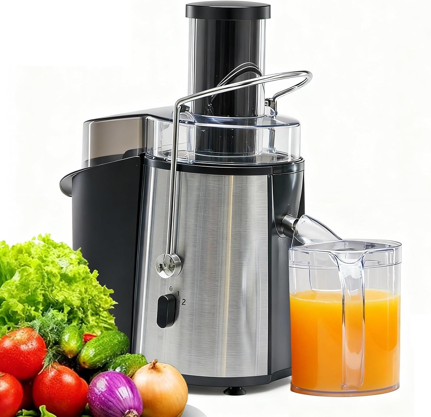 Centrifugal Juicer Machines, 500W Juice Extractor with 2 Feed Chute and Pallet for Vegetable and Fruit, Electric Juicer with 3 Speed Quick Juicing, Easy to Clean, BPA-Free, Silver