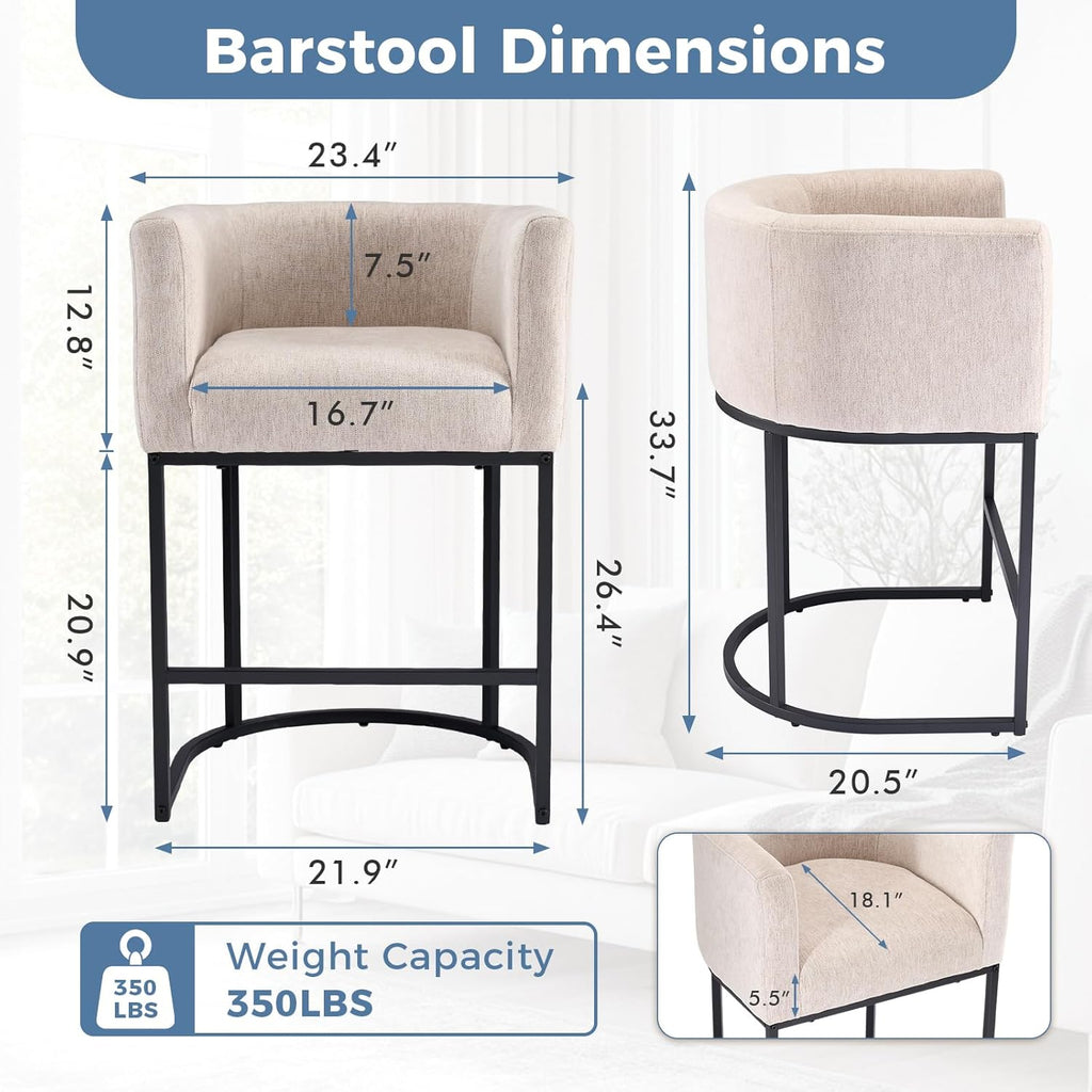 Barrel Bar Stools Set of 2, Modern Counter Height Barstools with Linen Fabric Upholstered Seat, 350lbs Capacity Kitchen Island Chair, Bar Stools with Metal Sled Base and Footrest, Light Grey