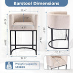 Barrel Bar Stools Set of 2, Modern Counter Height Barstools with Linen Fabric Upholstered Seat, 350lbs Capacity Kitchen Island Chair, Bar Stools with Metal Sled Base and Footrest, Light Grey
