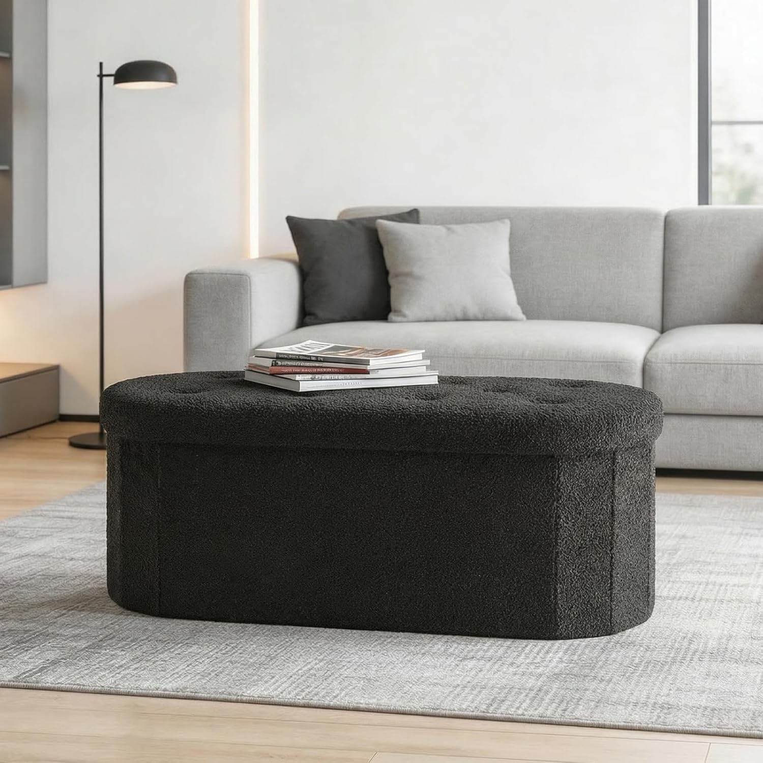 43 inches Folding Storage Ottoman Bench, Oval Round Ottoman End of Bed Foot Rest Bench Stool with Cushion, Storage Chest for Bedroom, Living Room, Entryway, Black