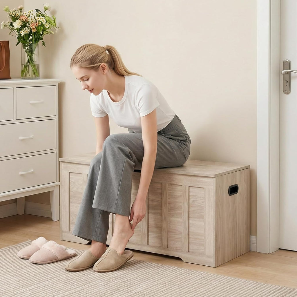 47.2 Extra Large Storage Bench with 2 Safety Gel-Buffered Hinges, Blanket Chest for Bedroom Living Room, Support 150lbs, 2 U-Shaped Cut-Out Pull, Non-Slip Base, Rustic Wood