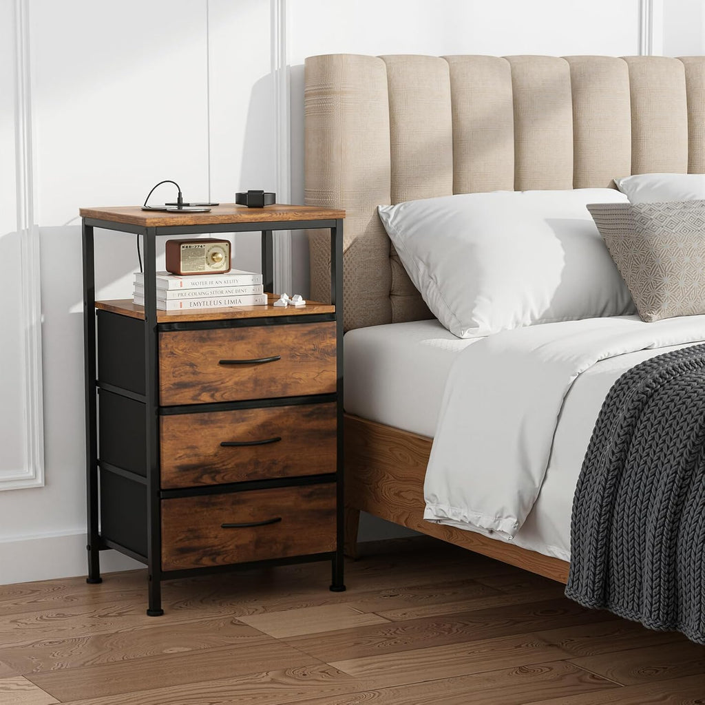 Nightstands Set of 2 with Charging Station, Bedside Table with USB Ports & Type-C, 2 Fabric Drawers Night Stand with Open Shelf, Compact End Table for Bedroom, Rustic Brown