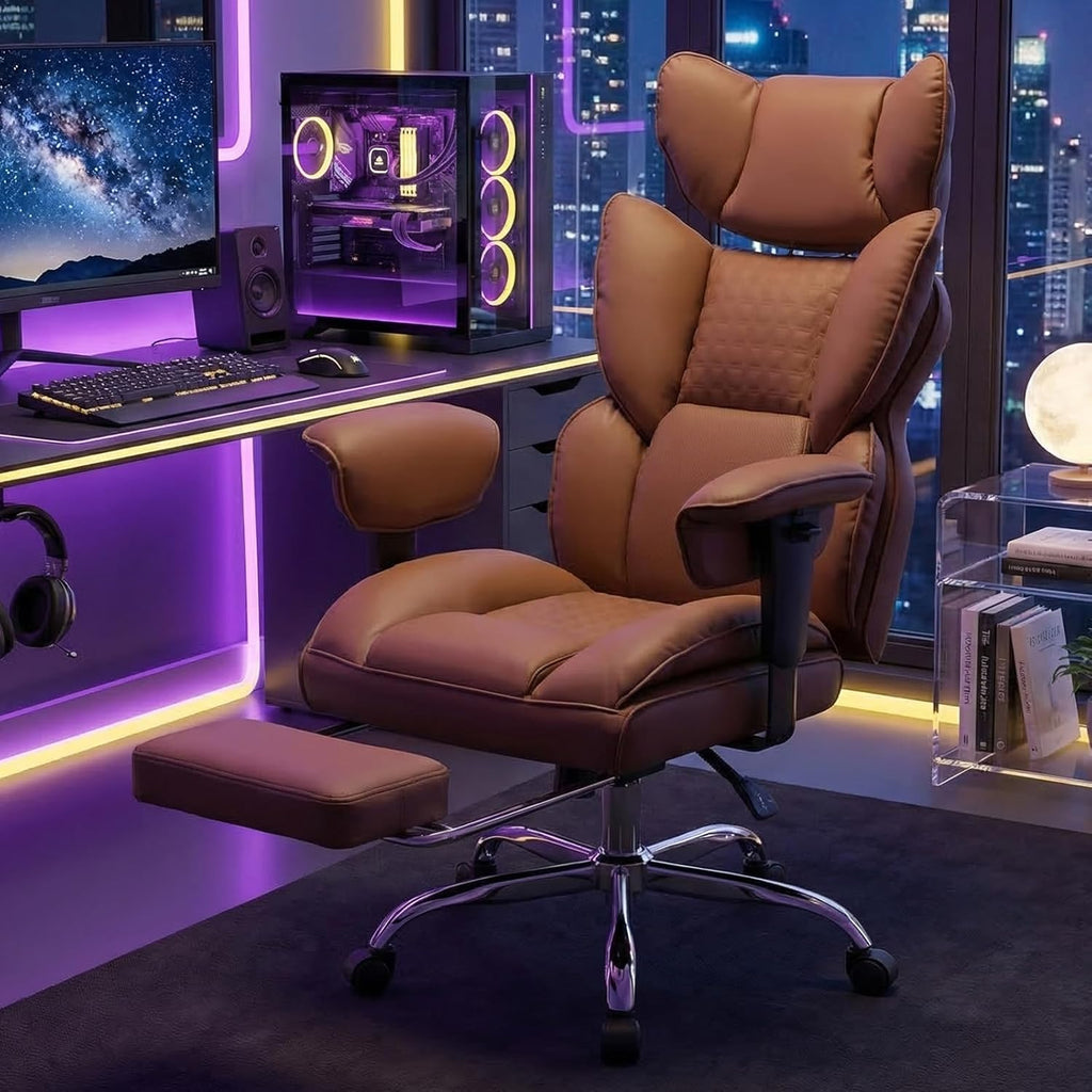 Big and Tall Home Office Desk Chair, Gaming Computer Chair, Executive Ergonomic Chair with Footrest, High Back Reclining, Adjustable Armrests and Comfy Lumbar Support, PU Leather, Brown