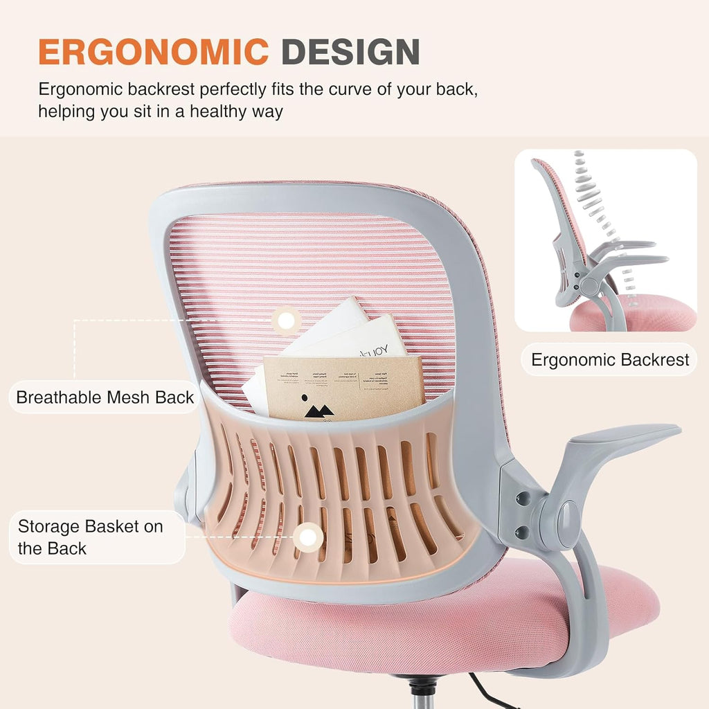 Home Office Managerial Executive Chair, Ergonomic Mesh Adjustable Swivel Mid-Back Chair with, Flip-up Arms, Comfortable Lumbar Support, Comfy Arms for Bedroom,Study,Student