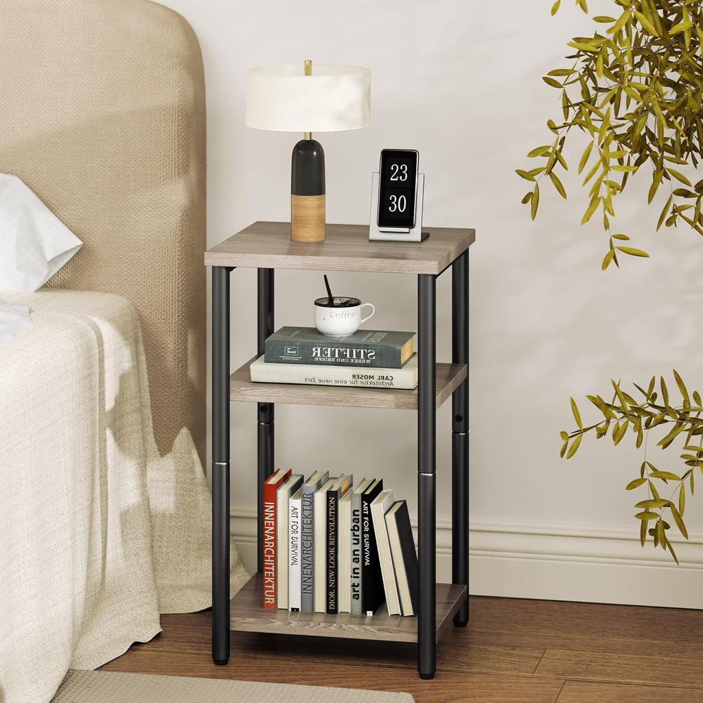 3 Tier End Table for Small Space, Side Sofa Tables Storage Shelf, Nightstand with Adjustable Feet for Living Room, Bedroom, Office, Set of 2, Oak Grey