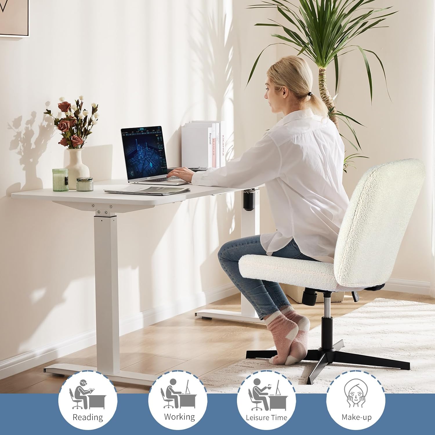 Criss Cross Chair No Wheels, Legged Office Desk Armless Chair Wide Seat, Adjustable Swivel Teddy Fabric Task Vanity Chairs for Home Bedroom, Beige