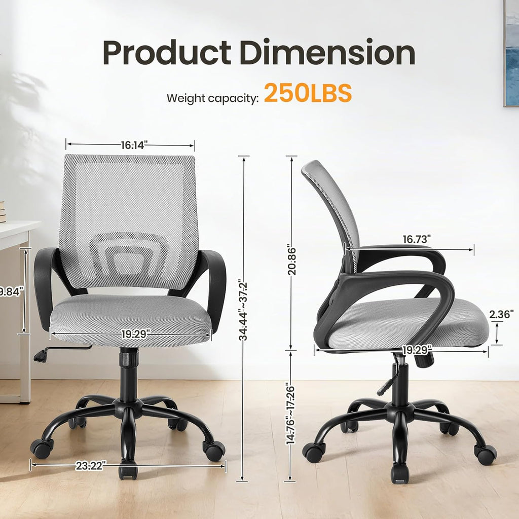 Office Desk Chair - Ergonomic Mid Back with Lumbar Support & Rocking Mode, Height Adjustable with Fixed Armrest, Storage Back for Computer, Gaming, Conference, Meeting Room, 360?? Swivel, Grey