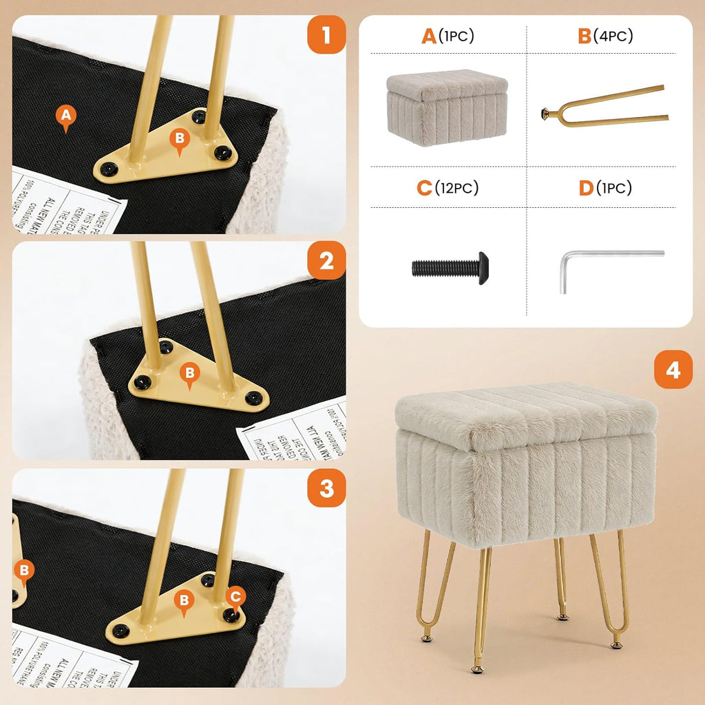 Vanity Stool Chair with Storage, Small Ottoman Faux Fur Soft Padded Footstools Seat with 4 Metal Legs Anti-Slip Adjustable Feet Modern Footrest for Home Entryway Bedroom Makeup Camel