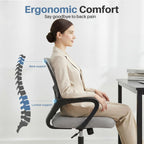 Home Office Chair - Ergonomic Mid Back Mesh Desk Chair with Lumbar Support & Rocking Mode, Height Adjustable, Fixed Armrest, for Conference, Computer, 360?? Swivel, Adults, Grey