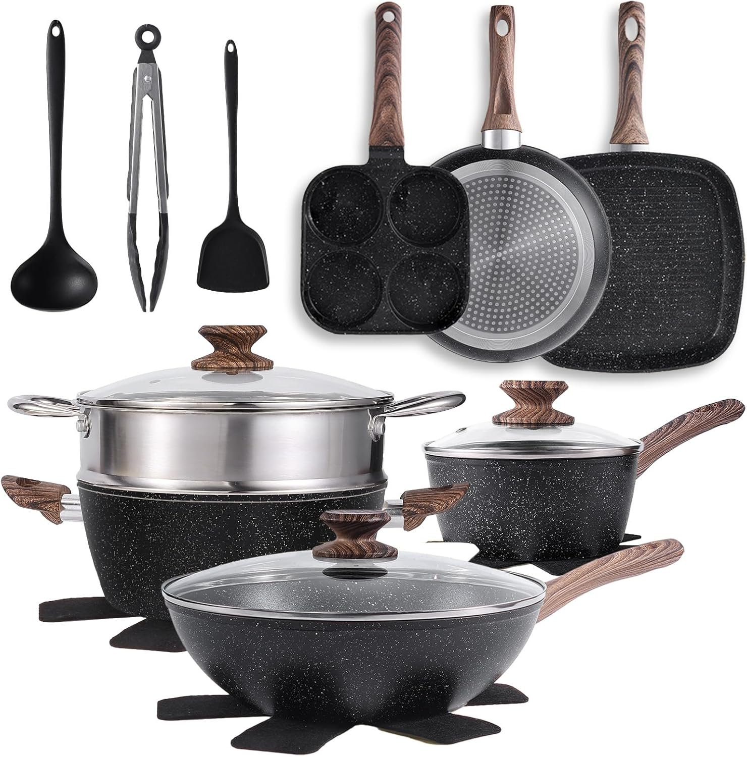 17 Pcs Pots and Pans Set, Nonstick Kitchen Cookware Set, Induction Cooking Sets with Stay-Cool Handles, Beige