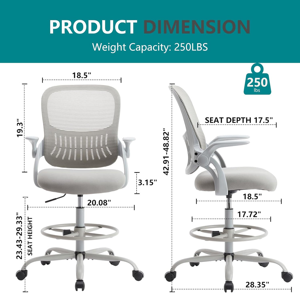 Drafting Chair for Standing Desk, Counter Height Adjustable, Flip-up Arms, Ergonomic Mid Back Mesh Rolling Work Swivel Office Computer Chairs with Wheels, Grey