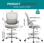 Drafting Chair for Standing Desk, Counter Height Adjustable, Flip-up Arms, Ergonomic Mid Back Mesh Rolling Work Swivel Office Computer Chairs with Wheels, Grey