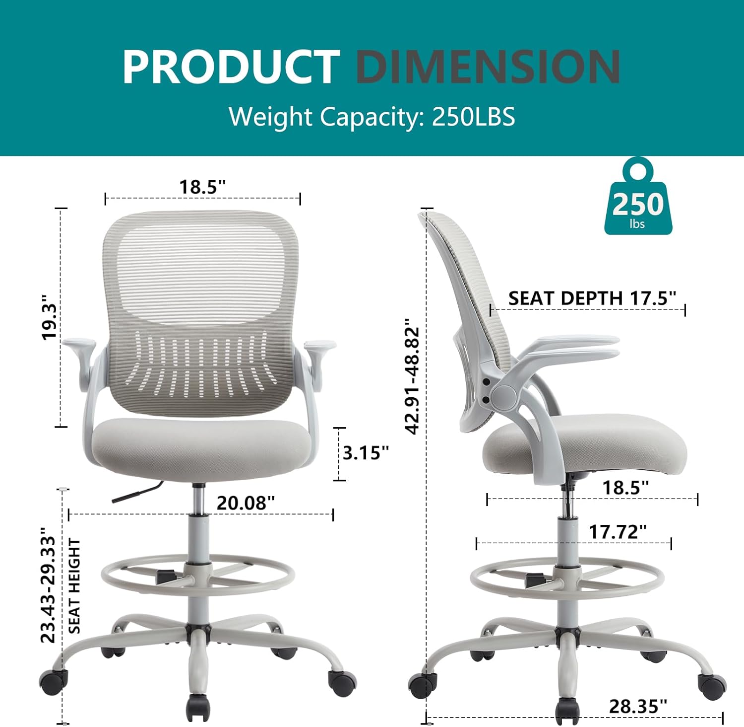 Drafting Chair for Standing Desk, Counter Height Adjustable, Flip-up Arms, Ergonomic Mid Back Mesh Rolling Work Swivel Office Computer Chairs with Wheels, Grey