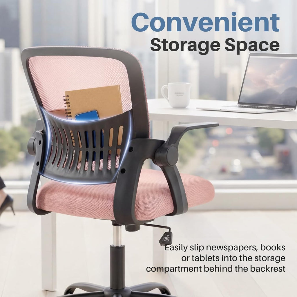 Home Office Desk Chair - Ergonomic Computer Mesh Chair with Lumbar Support & Rocking Mode, Height Adjustable with Flip-up Armrest, for Conference, Meeting Room, 360?? Swivel, Adults, Pink
