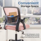 Home Office Desk Chair - Ergonomic Computer Mesh Chair with Lumbar Support & Rocking Mode, Height Adjustable with Flip-up Armrest, for Conference, Meeting Room, 360?? Swivel, Adults, Pink