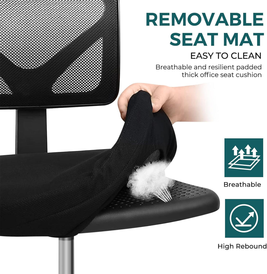 Armless Office Chairs with Wheels, Ergonomic Adjustable Home Desk Swivel Rolling Task Chair No Arms, Comfy Mesh Mid Back Computer Work Vanity Desk Chairs for Small Spaces, New Black