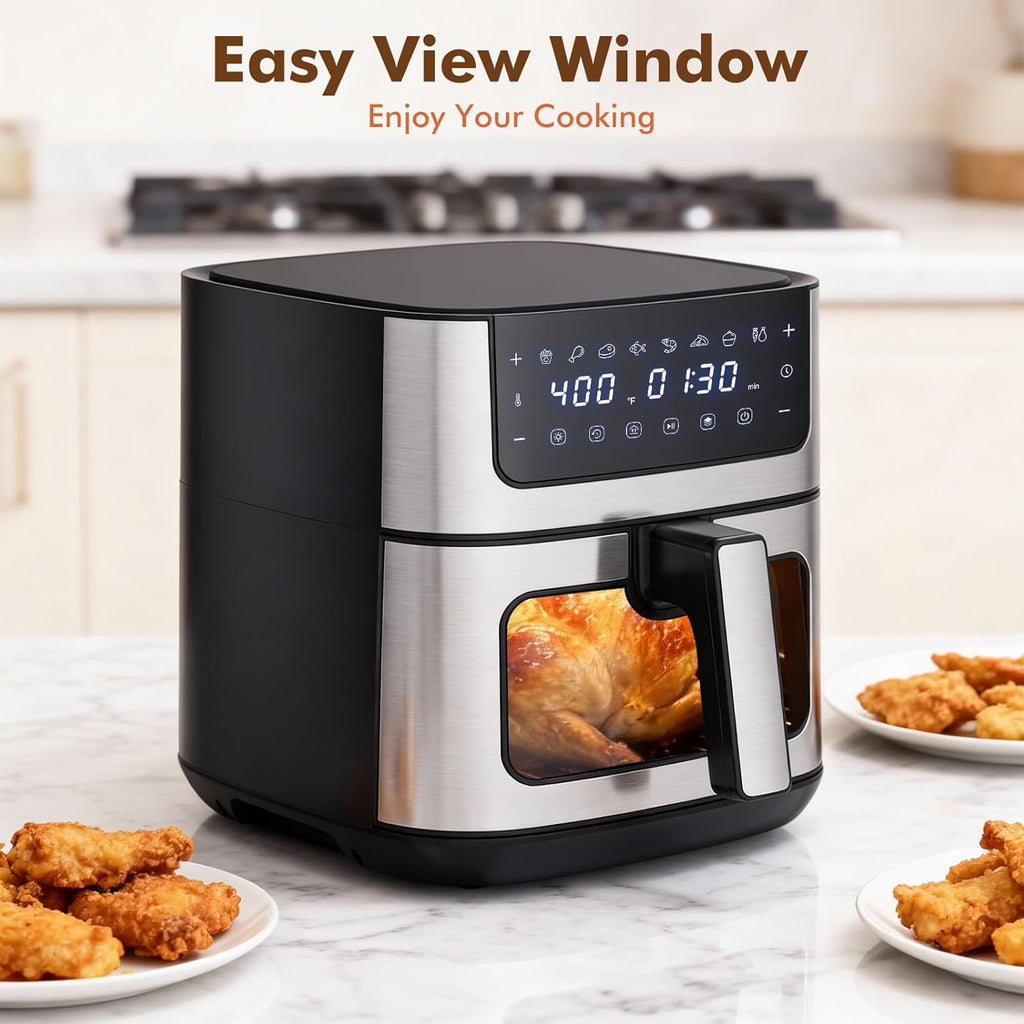 6.34QT Air Fryer with Window, 8 Food Presets with 400??F Max Heat, 90-Min Timer, Nonstick Dishwasher-Safe Basket for Air Fry, Roast, Reheat, Bake, Stainless Steel, Black