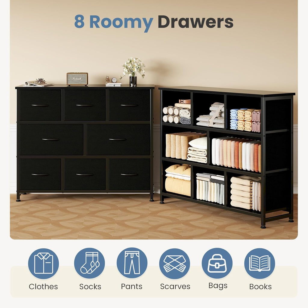 TV Stand, Dresser with 8 Fabric Drawers, Spacious Storage Tower for Closet, TV Stand with Wood Top and Mental Frame, Storage Unit for Living Rooms, Bedroom and Entryway, Black
