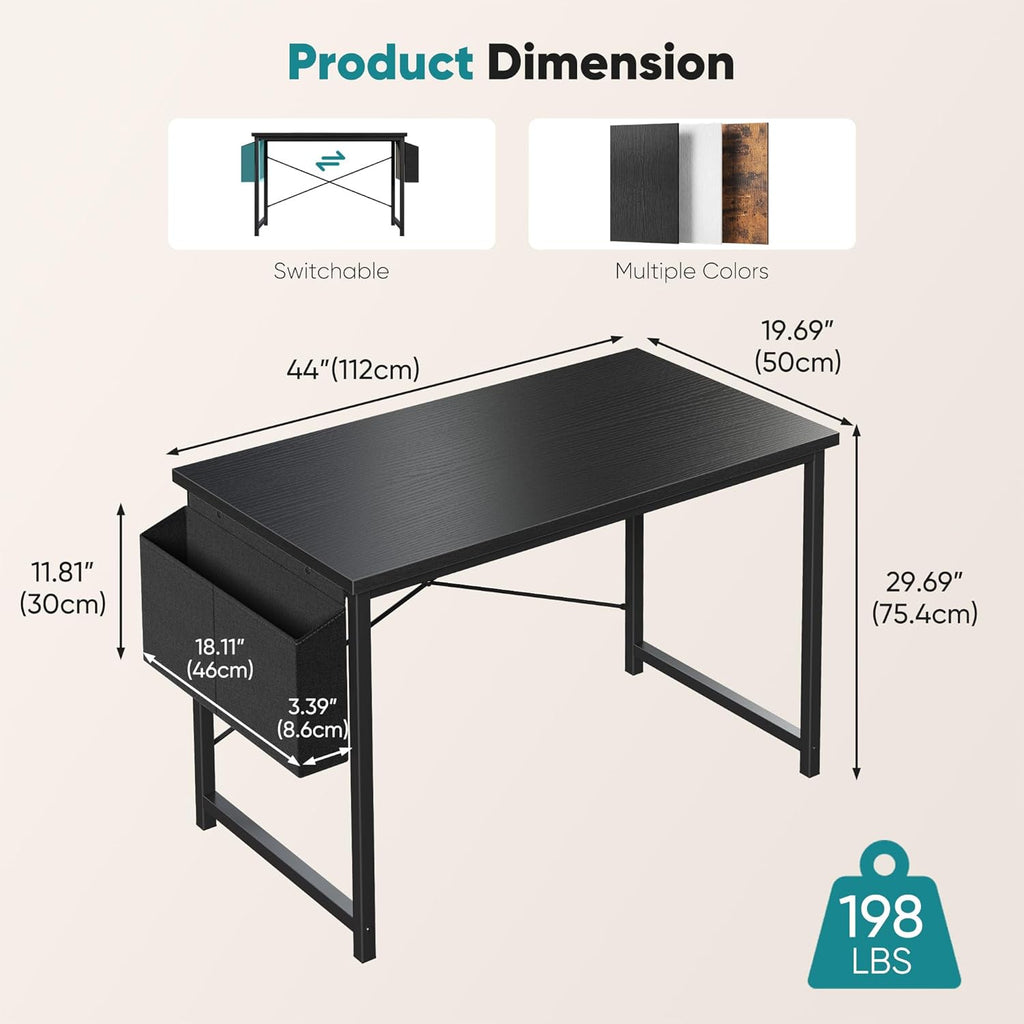 Computer Desk 44 Inch Home Office Desks for Small Spaces, Gaming Writing Study Work Table with Storage Bag and Headphone Hook for Bedroom, Black